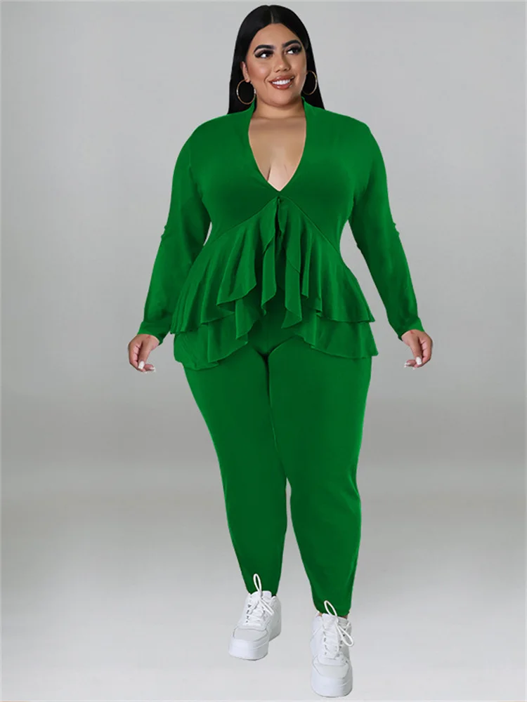 Plus Size Two Piece Outfits Women v Neck Ruffles Hem Top Leggings Sets Solid Stretch Tracksuit Wholesa 3xl 4xl 5xl 6xl