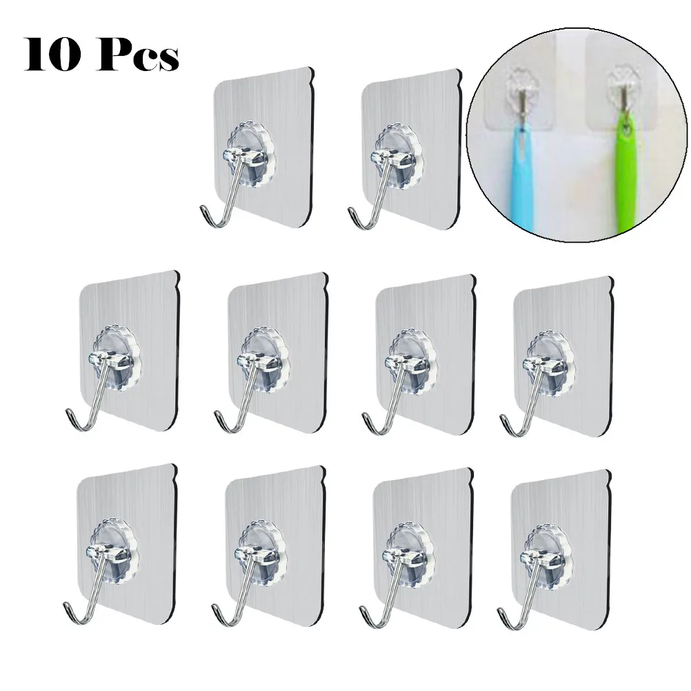 

10Pcs Sticky Hangers Stainless Hooks Ceiling Hooks Transparent Reusable Seamless Hooks Waterproof Transparent Hooks