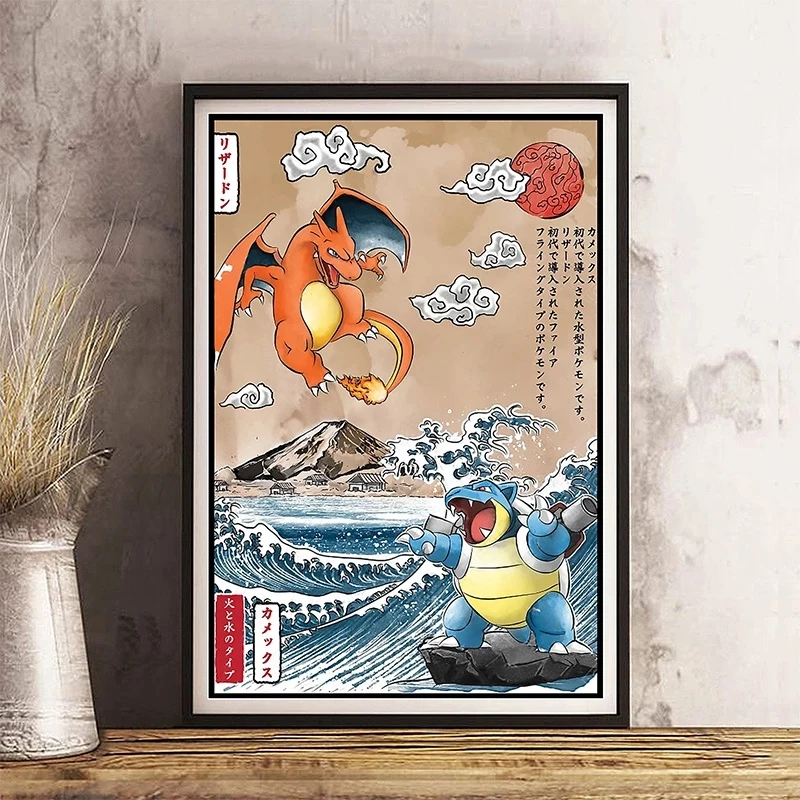 

Японское аниме периферийное изображение Покемон фотообои Украшение мультфильм огонь дышащий Дракон настенная Картина на холсте подарок для детей