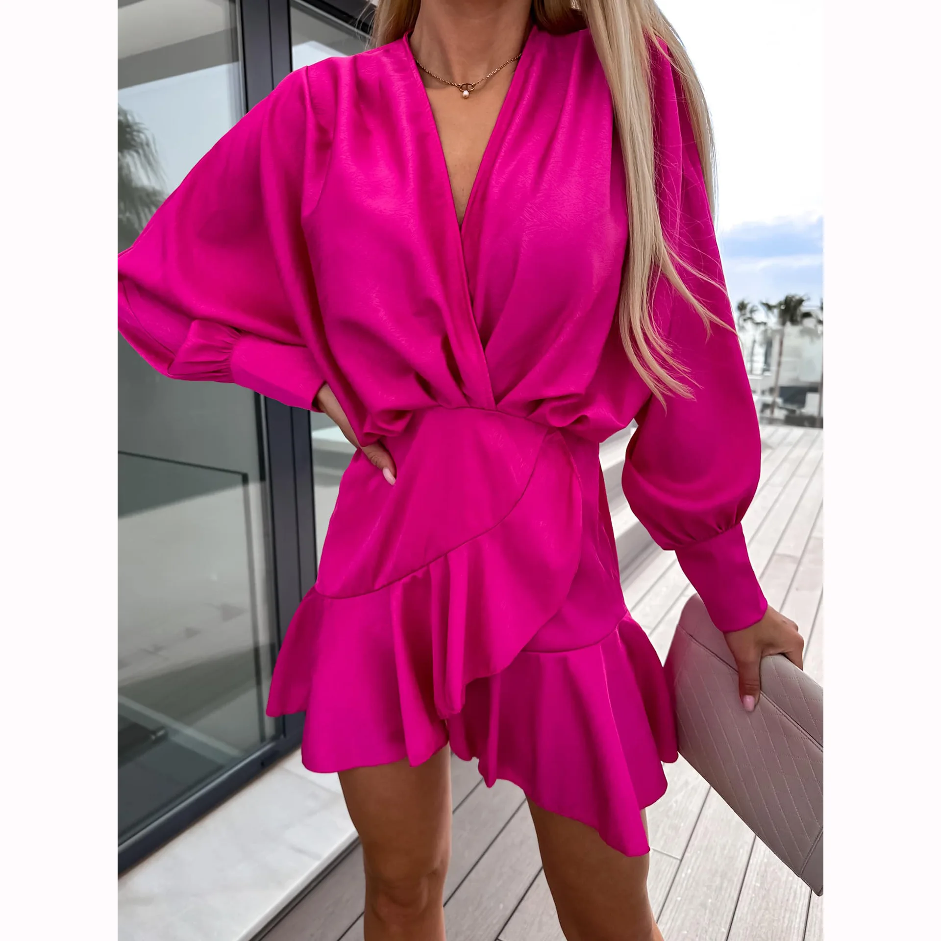 

2023Office Fashion Commuter Waisted Ruffle Dress Casual Long Sleeve Solid A-Line Dress Women Elegant V-neck Draped Mini Dresses