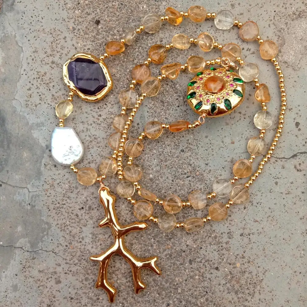 Длинное ожерелье с уникальным натуральным драгоценным камнем YYGEM 10 мм цитрин 22x28