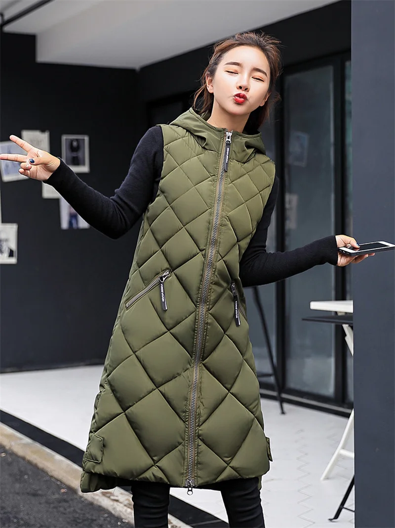 

Females 2022 Fashion Women's Sleeveless Vest Long Down cotton Jacket Solid Korea Hooded Padded Casual Vests Loose Winter Coat