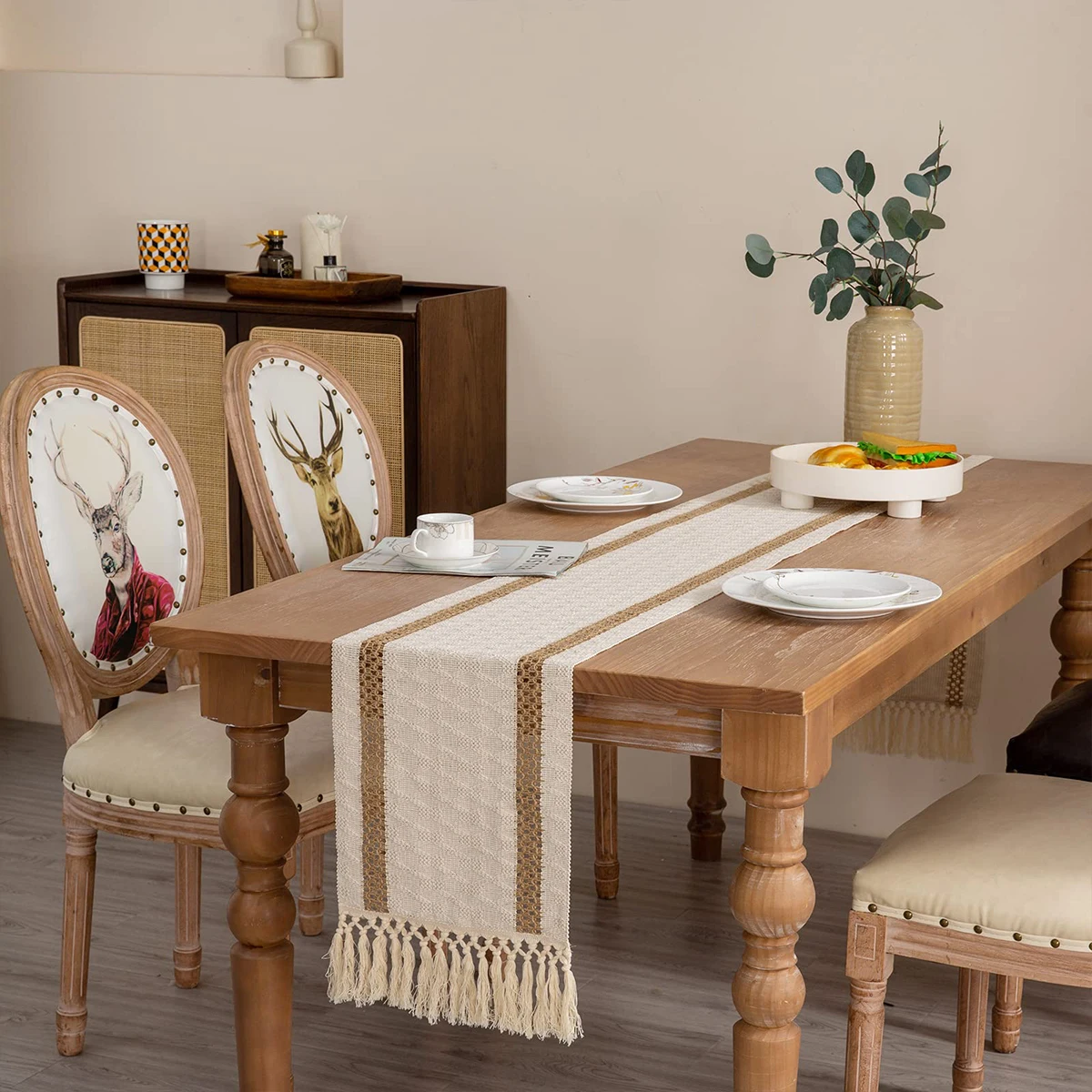 Настольная дорожка в стиле бохо из натурального льна ручная работа плетеный джут