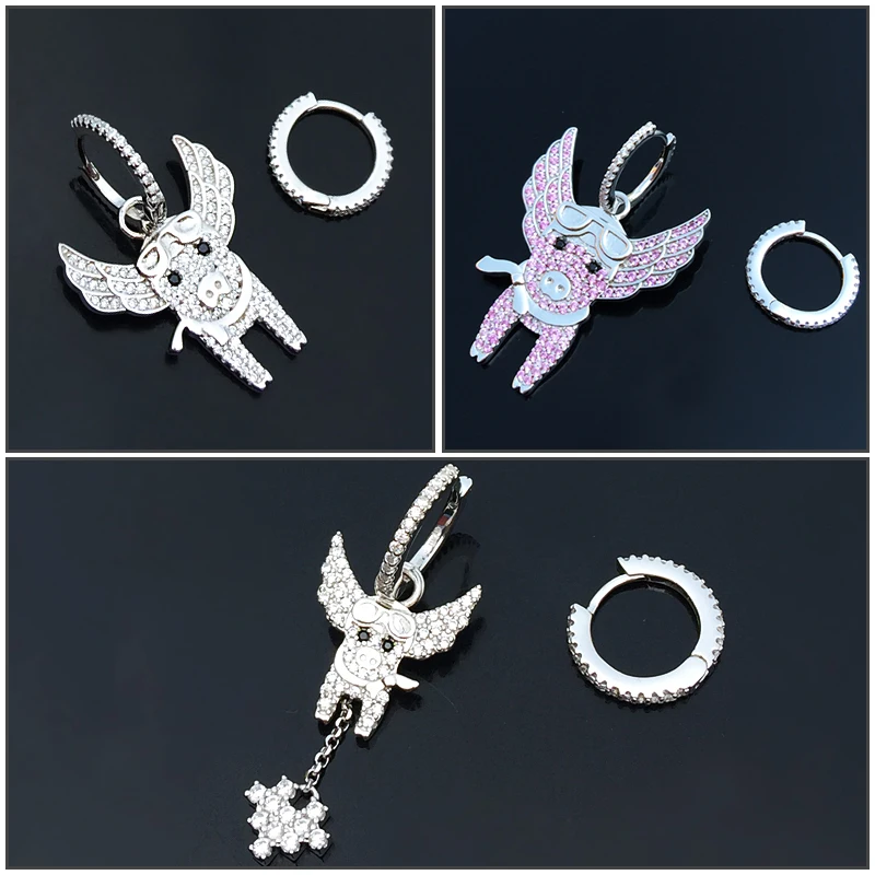 

Amoo White Pink Inlaid Zircon Pig Asymmetric Earrings S925 Sterling Silver Women Funny Exaggerated Unique Birthday Party Jewelry