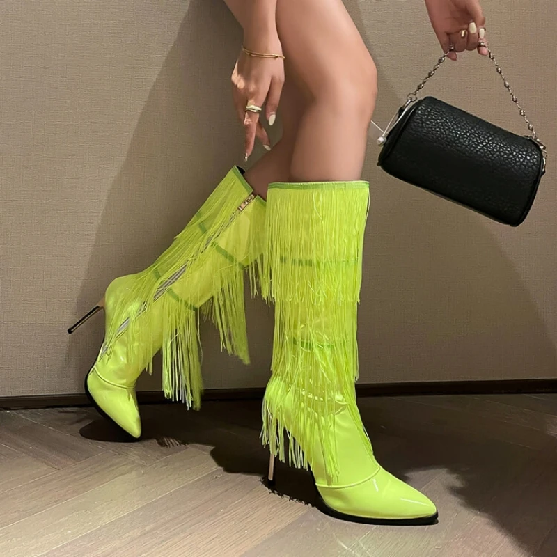 

Fringe Women Boots Thin Heels Pointed Toe Fashion Ladies Shoes Luxury Botas Mujer Designer Bottines Zipper Zapatos Mid-Calf