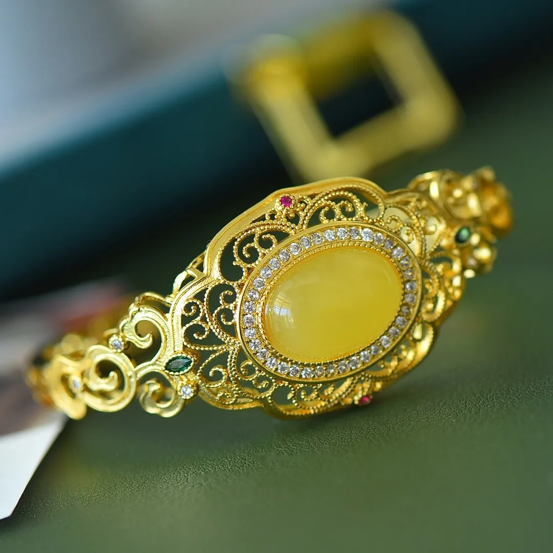 

Натуральный Янтарный браслет с рубином, изумрудом, Цирконом, балтийские амуры, полый браслет, открытый женский Восстанавливающий драгоценный камень, Изящные Ювелирные изделия