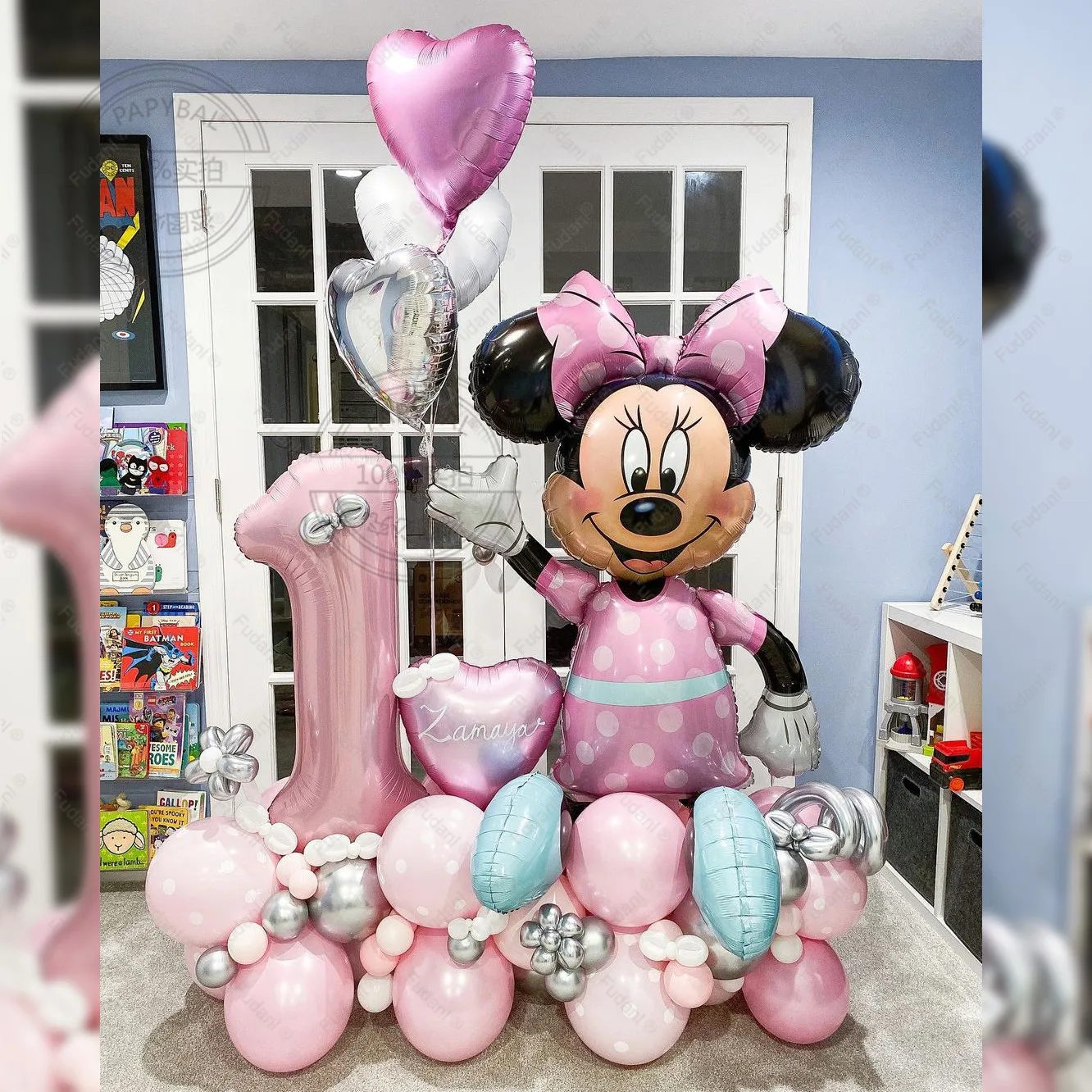 1set Disney Balloons Chain Set Big 3D Minnie Aluminium Foil Balloons Maca Pink Number Ball 1 2 3th Pink Silver Latex Baloon