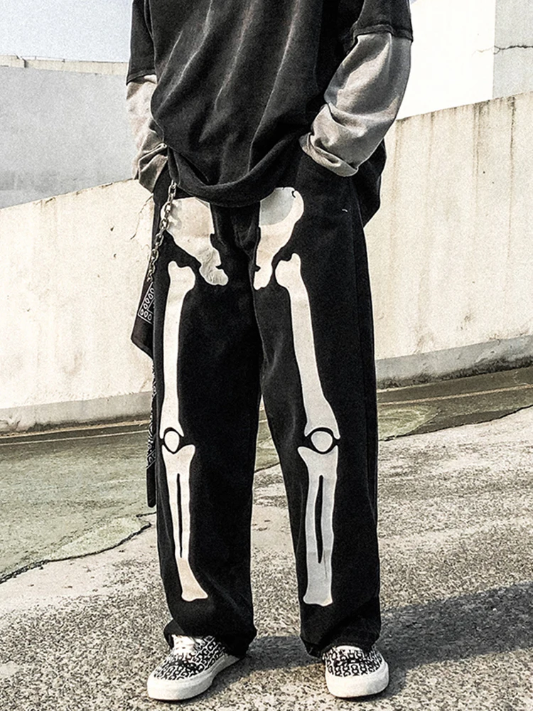 Wide Leg Baggy Jeans Men Aesthetic Skeleton Y2k Jeans Streetwear Oversized Graphic Black Printed High Waisted Light Blue Hip Hop