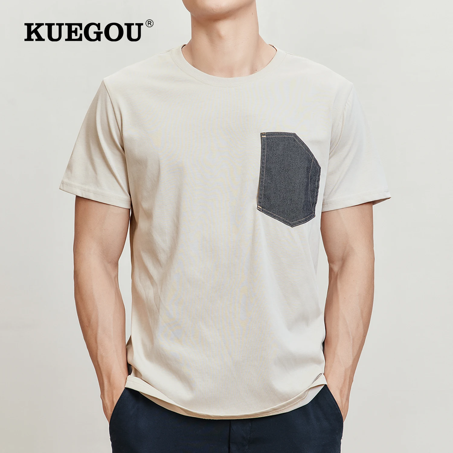 

Мужская футболка с коротким рукавом KUEGOU, абрикосовая футболка с коротким рукавом из 2022 хлопка, в стиле пэчворк, лето 100%