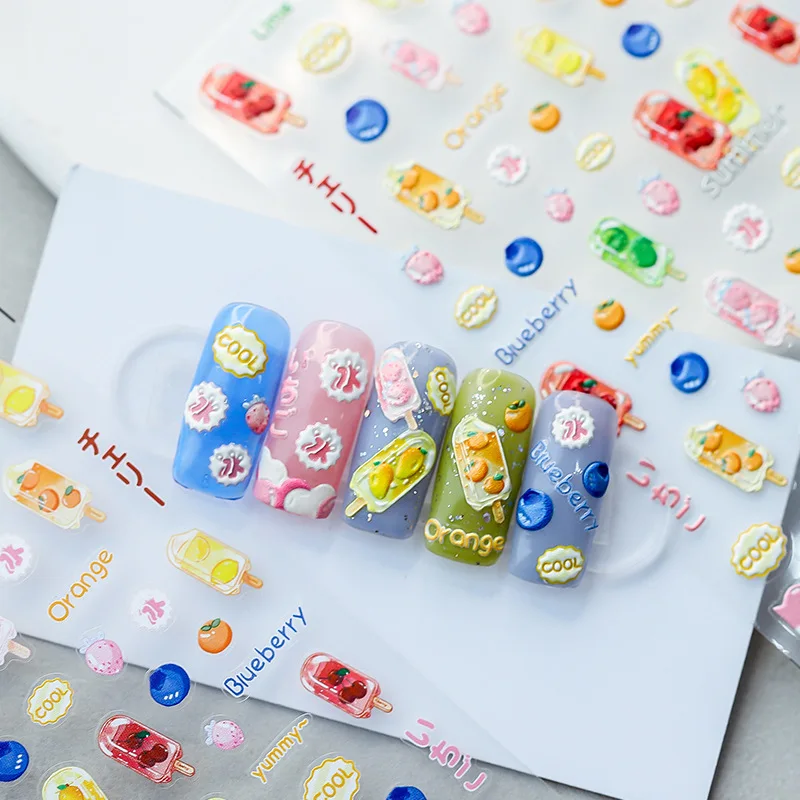 

1 Sheet 5D Realistic Relief Cool Summer Popsicle Lime Blueberry Fruit Adhesive Nail Art Stickers Decals Manicure DIY Ornaments