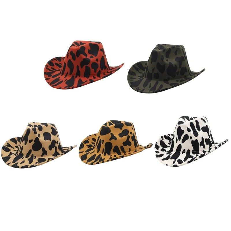 

2XPC Western Felt Cowboy Hat with Cow Print Pattern Cowgirl Big Brim Party Accessory