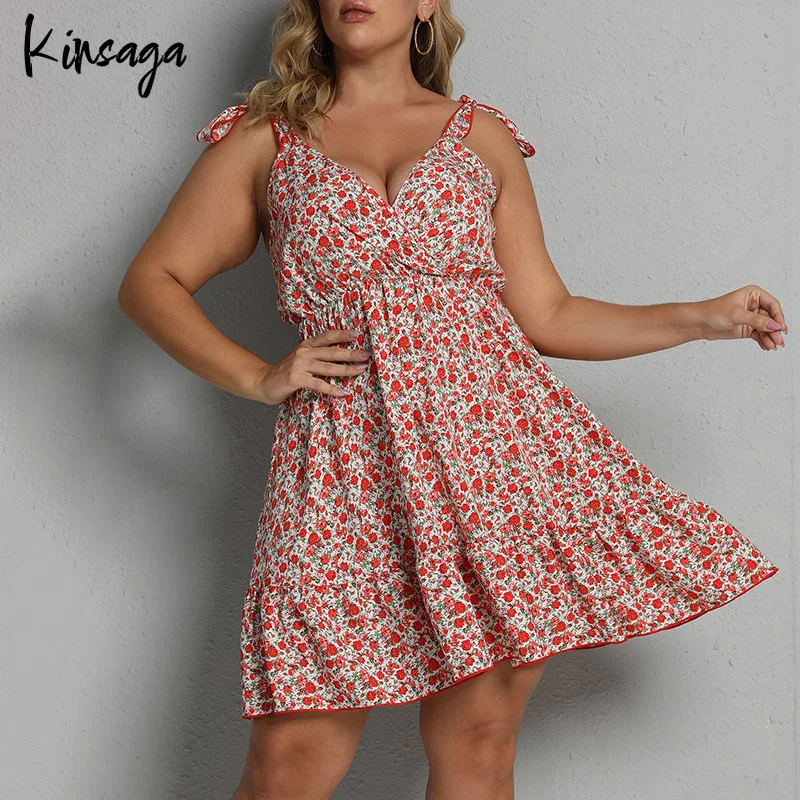 

Women Plus Size Spaghetti Strap V-neck Ruffles Floral Dresses Vintage Boho Backless Lace Up A-line Mini Slip Dress Sexy Robes