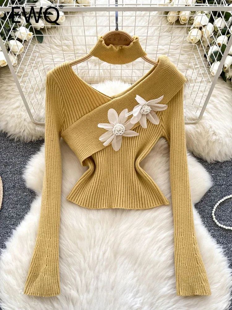 EWQ французский стиль с v-образным вырезом и трехмерным цветочным принтом для