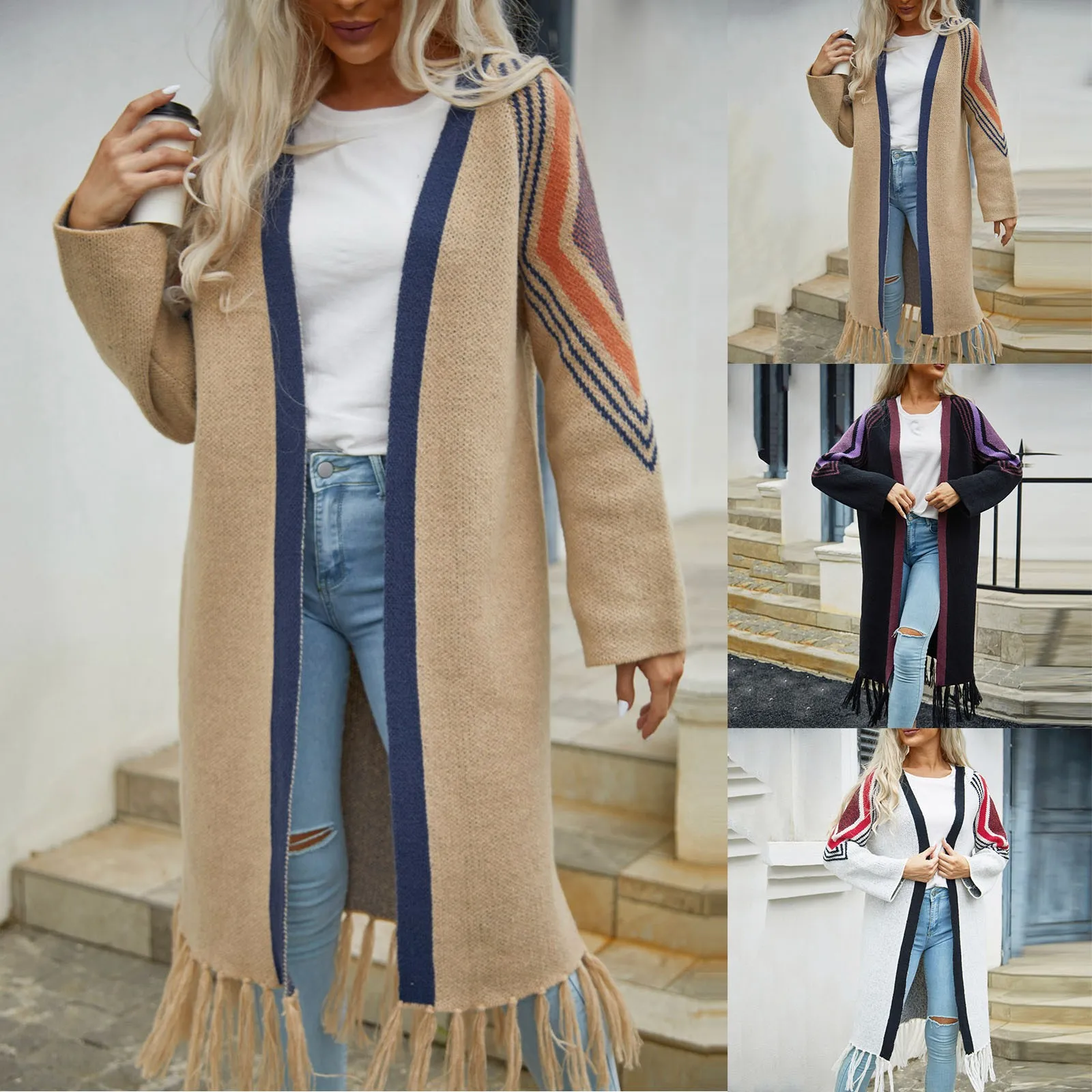 

Women Knitted Long Tassel Sweater Coats Print Long Sleevs No Buckle Cardigan Sweater Ladies Vintage Loose Fashion Winter Coats