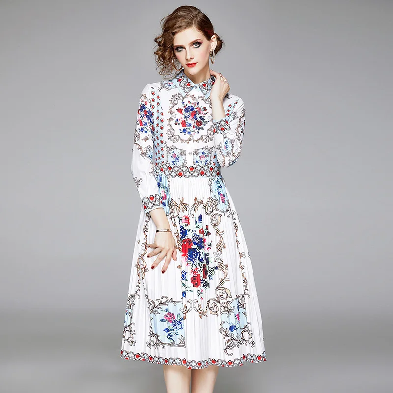 

Женское модельное платье, голубое короткое платье-рубашка с цветочным принтом и длинным рукавом, праздничное повседневное плиссированное ...