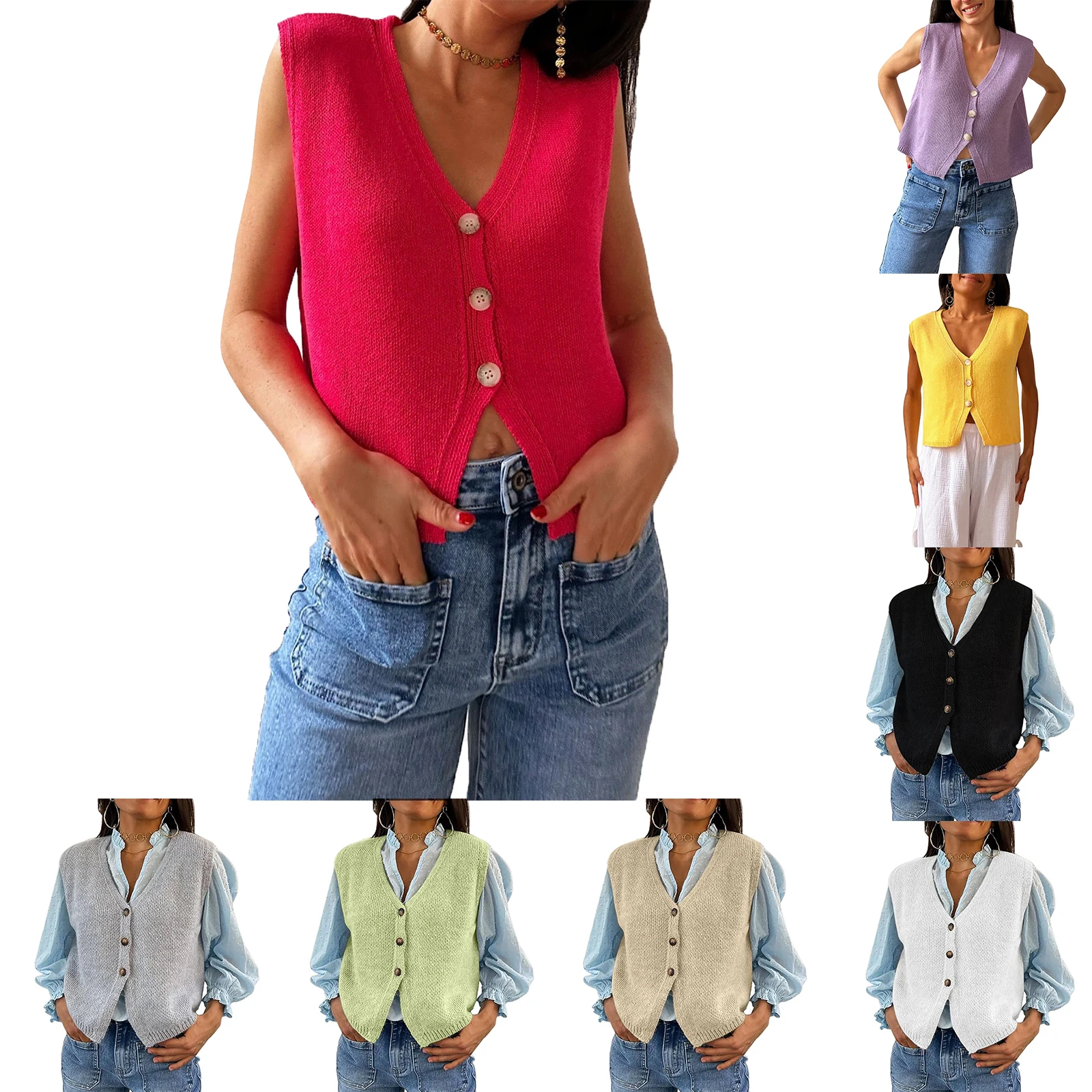 Майка Женская Базовая на пуговицах повседневный однотонный жилет без рукавов с