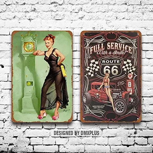 

Металлический знак (набор из 2) жестяные знаки Route 66 полный сервис с улыбкой пикантная девушка винтажный внешний вид украшение для стен домаш...