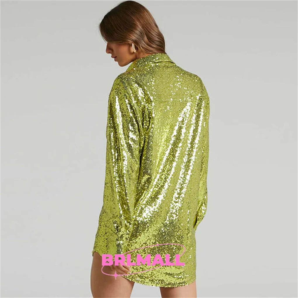 Fashion Sequined Shirt Jacket Green Glow Outfit Casual Beach Blazer For Women Party Prom Pool Outfit