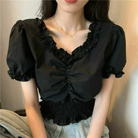 newest edible tree fungus girdle shirts for women summer casual short sleeve white korean crop tops kawaii black fold blouses