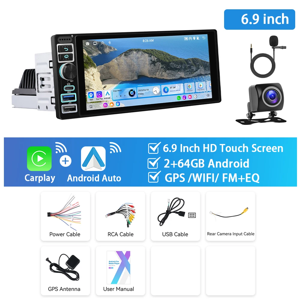 Podofo 6,9-дюймовый IPS-экран Автомобильное радио 2 + 64G 1Din Android Автомобильное аудио GPS-навигация Carplay Android Auto EQ WIFI Type-C USB Авторадио
