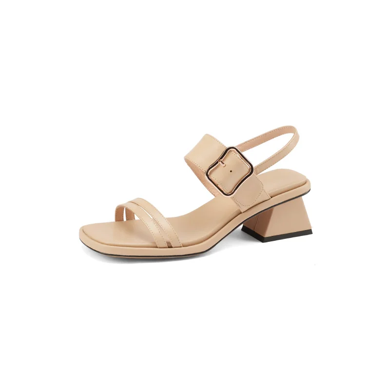 

Kmeioo LEATHER women Vintage square head Peep Toe Solid Gingham low heel SHOES Summer Fashion Slip On causal comfort sandals 4cm