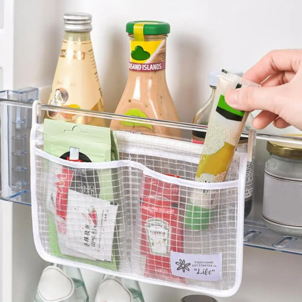 

2Pcs Refrigerator Storage Mesh Bag Double Compartment Design Fridge Hanging Organizer Bag For Home Kitchen