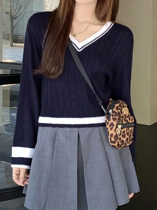 2024 Ранняя осень новинка темно-синий короткий вязаный женский свободный