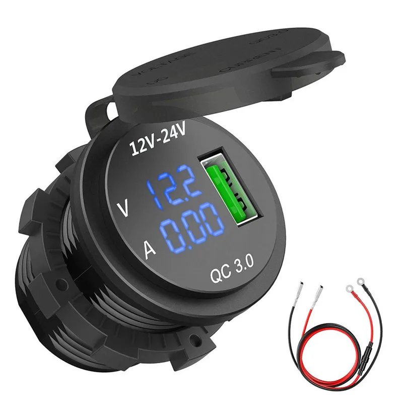 

Automotive QC3.0 USB Charger Voltmeter Amp Socket Meter DC 12/24V Fast LED Motorcycle Car QC3.0 USB Black Voltage Voltmeter