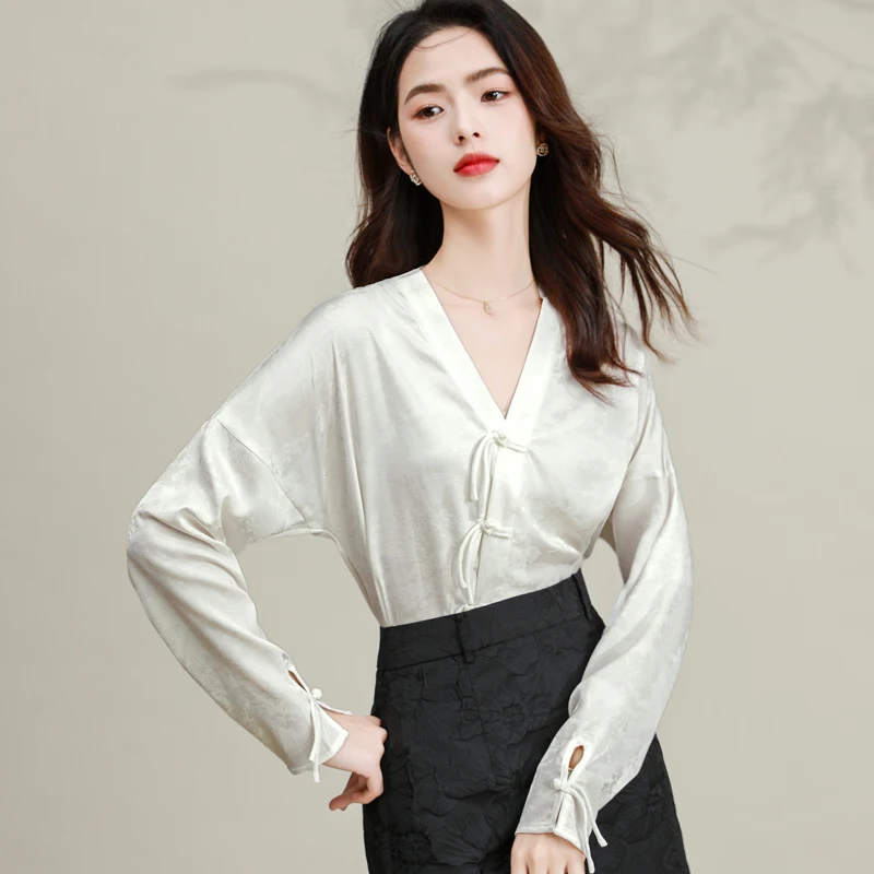 Женская шелковая рубашка в неокитайском стиле белая глянцевая жаккардовая с