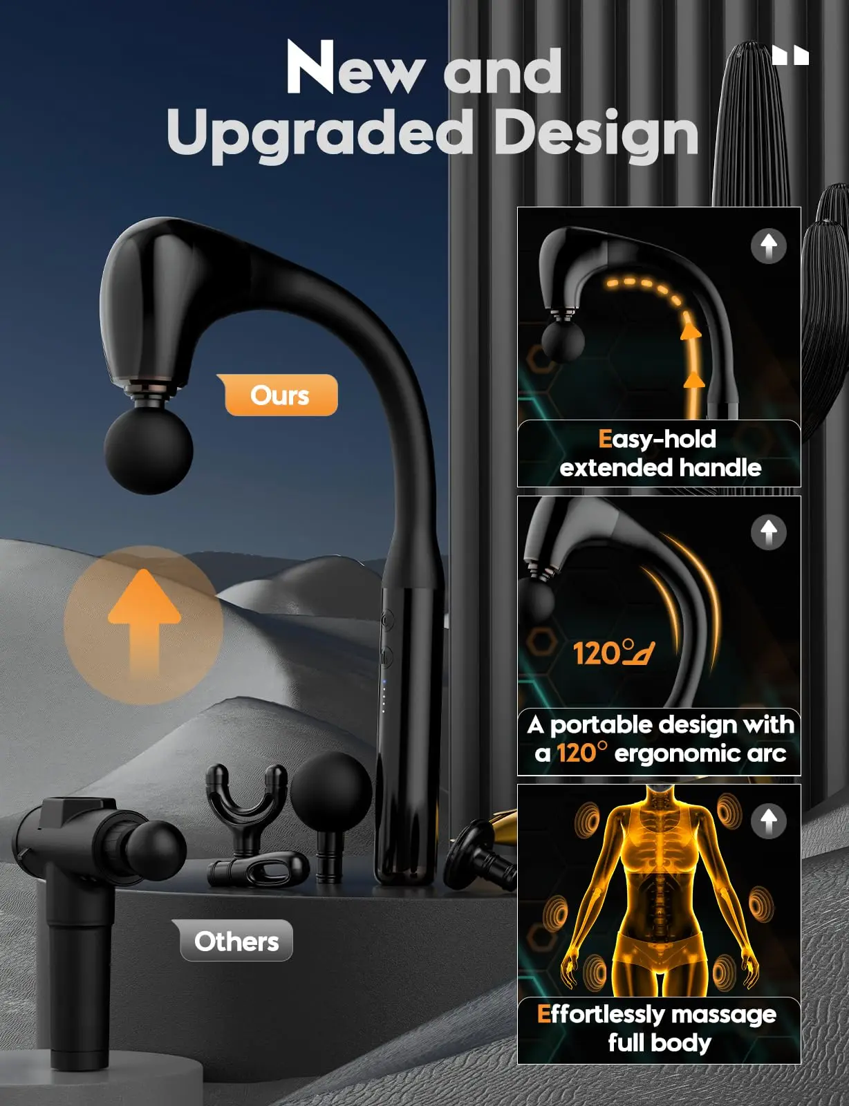 Фасциальный массажный пистолет с изогнутой длинной ручкой высокочастотный