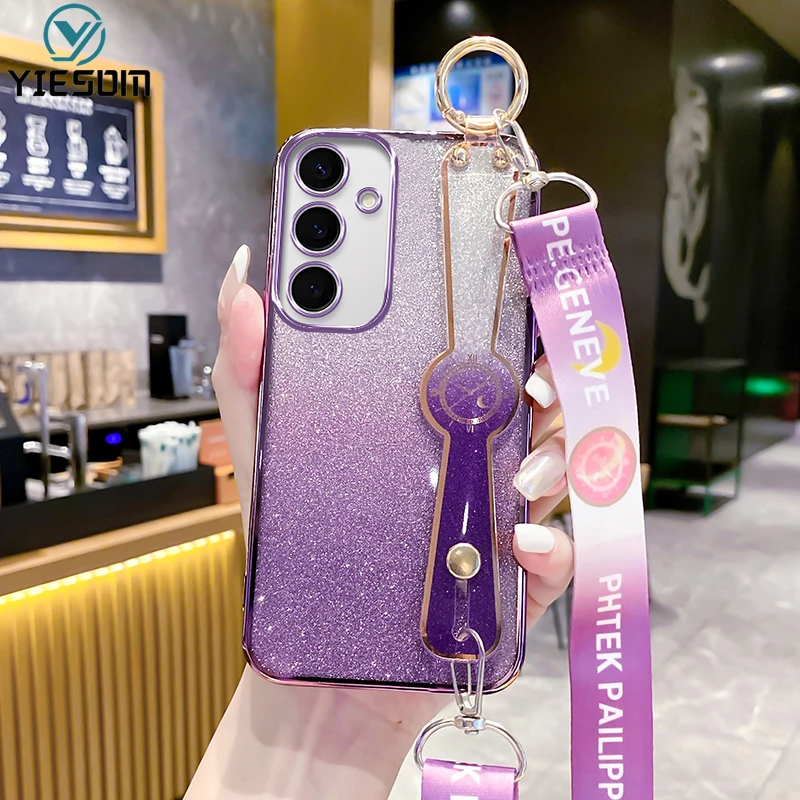 Блестящий чехол с ремешком на запястье для телефона Samsung Galaxy S24 S23 S22 S21 S20 Ultra Plus FE