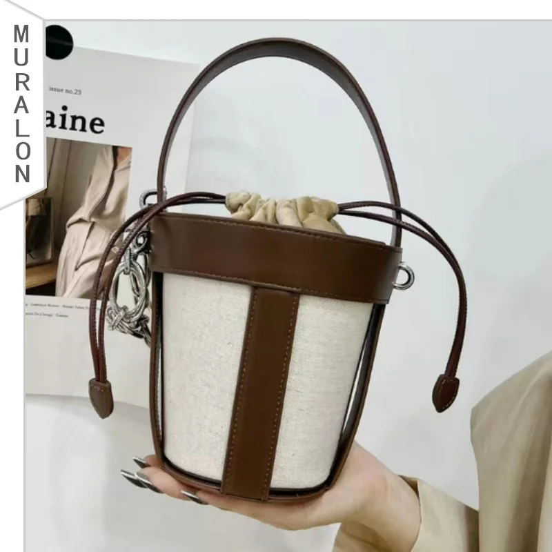 Women's Bucket Bag 2022 Cowhide Stitching Canvas Cylindrical One Shoulder Messenger Bag High Quality Chain Drawstring Handbag
