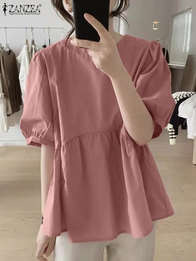 

Лето 2023, элегантная женская белая блузка ZANZEA, топ с полурукавом и круглым вырезом, Однотонная рубашка, женская блузка для повседневной работы, офисные Блузы