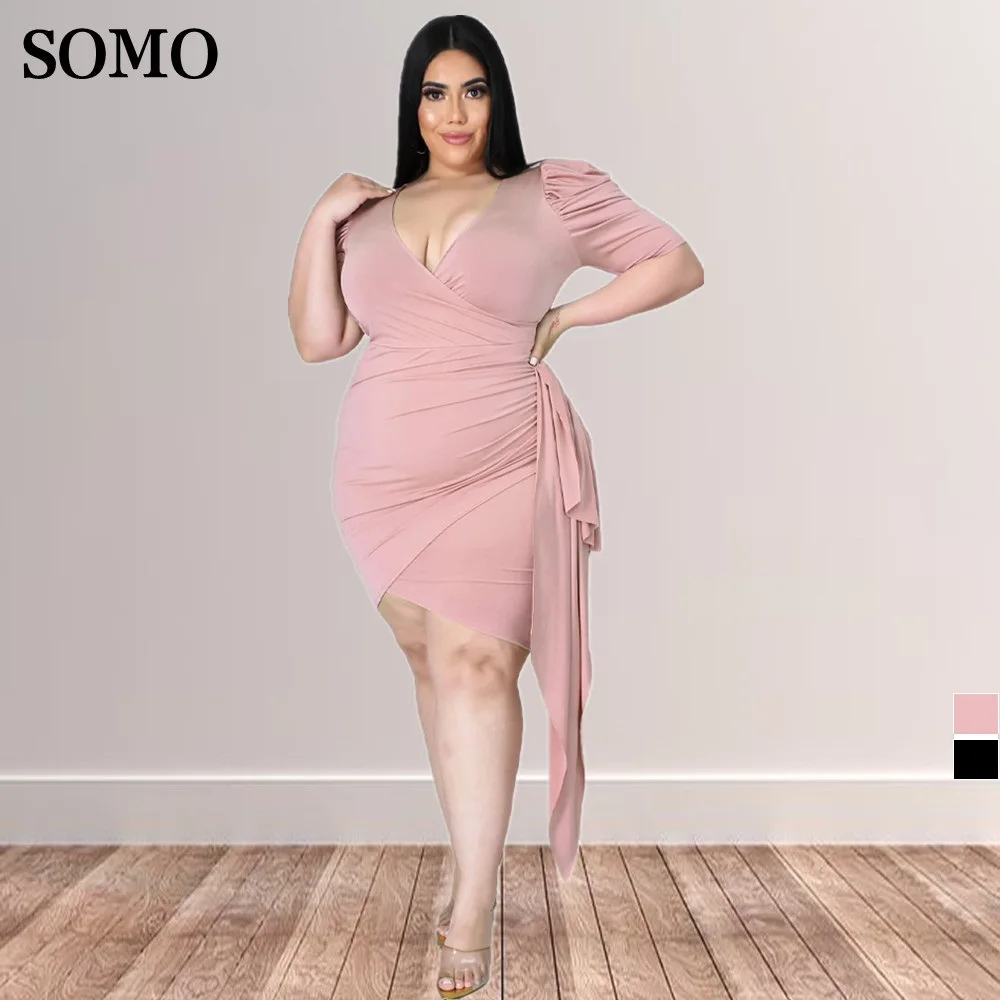 

Однотонное плиссированное платье SOMO с V-образным вырезом и пышными рукавами, повседневная одежда, вечерние платья для полных женщин, оптовая продажа, Прямая поставка