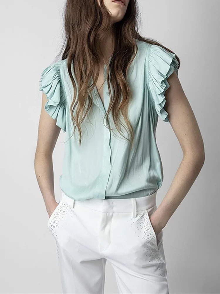 

Women Solid Color Blouse Satin Ruffles Simple O-neck Covered Buttons Casual Female Summer 2023 Shirt