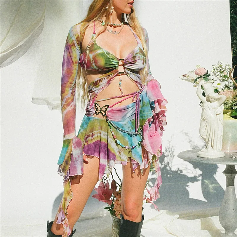 

2023 New Arrival Sweet Wind Trumpet Sleeve Butterfly Print Lace Up Tassel Sexy Hollow Skirt Set Dress Women Njght Mini Y2k