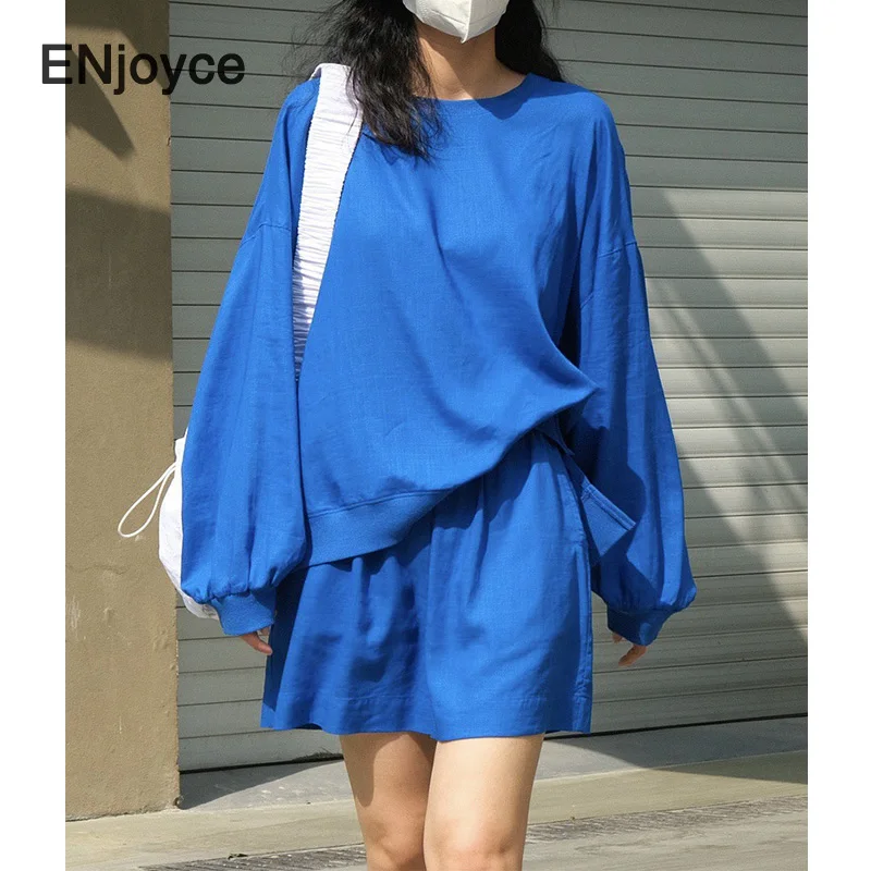 Summer New Linen Thin Two Pieces Sets Pullover Sports Tops and Shorts Outfit Suits Women Blue Long Sleeve Sweatshirt Short Pants