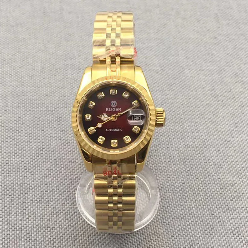 BLIGER 26mm Women Mechanical Watch Japan NH05A Movement  Gold Case Sapphire Crystal Stainless Steel Fluted Bezel Jubilee Strap