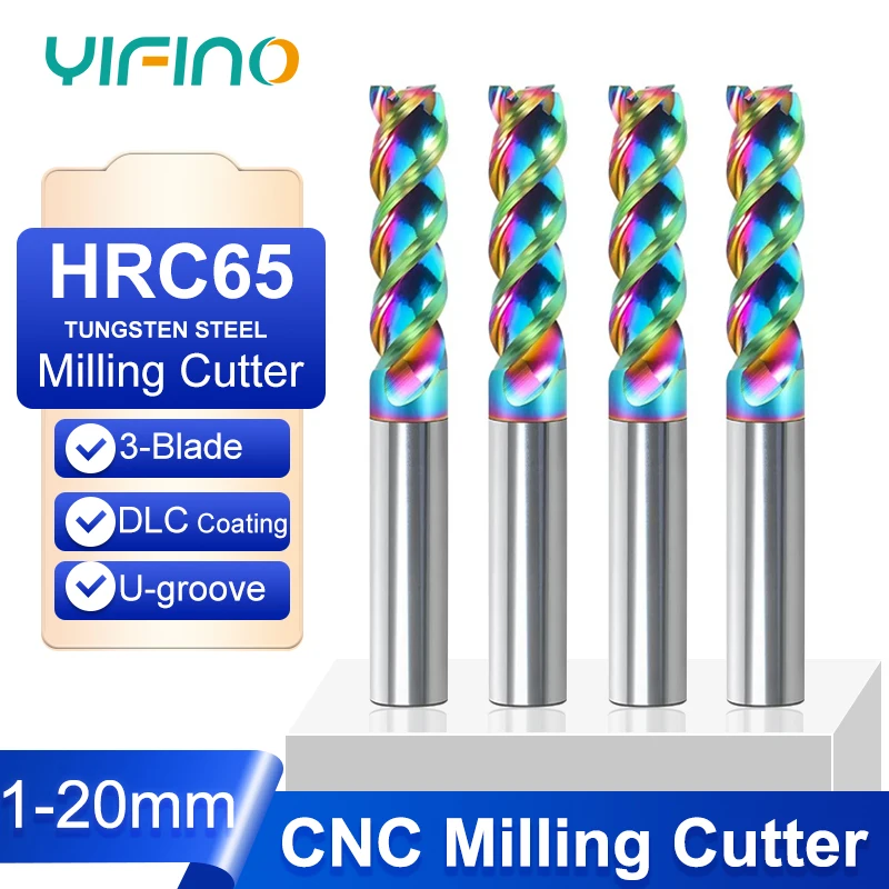 

YIFINO HRC65 3-Flute For Aluminum U-groove Tungsten Steel Milling Cutter Plati DLC Coating Carbide CNC Milling Cutters Tools