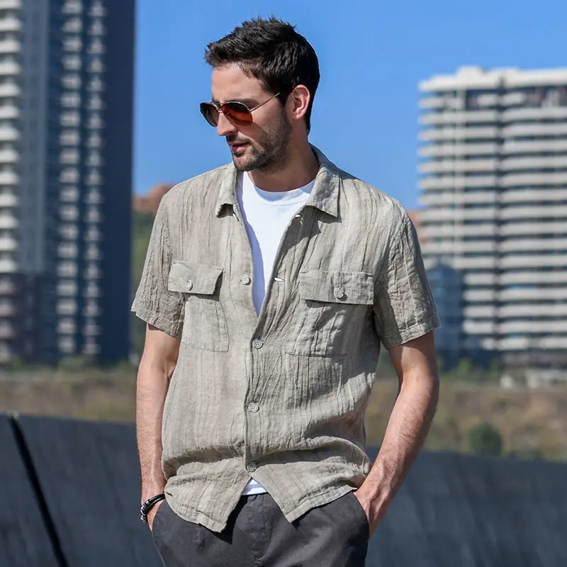 

2022 New Retro Short-sleeved Linen Shirt Men's Summer Trend Casual Tops Shirt