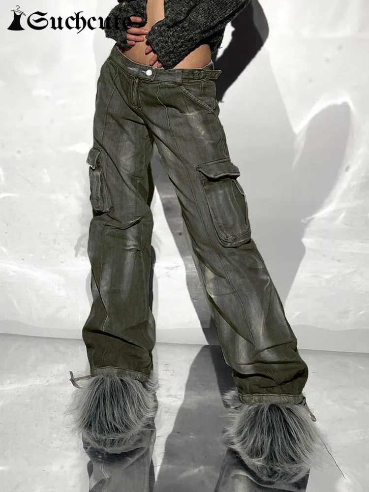 

SUCHCUTE Gothic Pocket Wid Leg Jeans Women Low Rise Cargo Baggy Pants Emo Vintage Grunge Streetwear Alt Denim Trousers Punk 90s