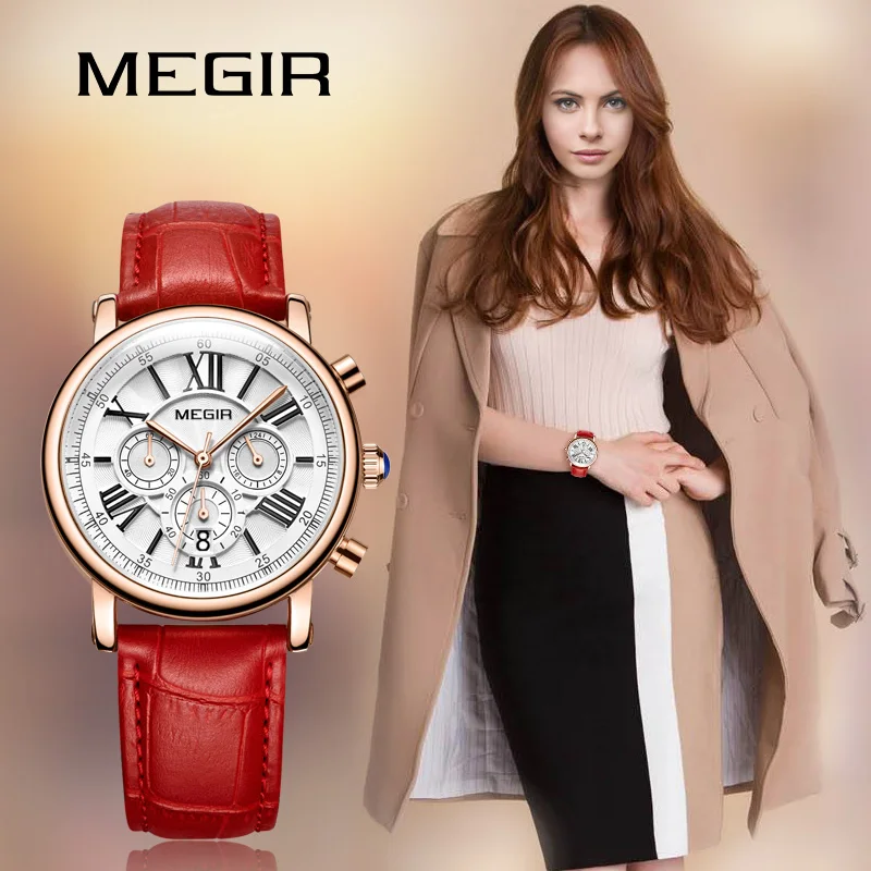 

Часы наручные MEGIR женские кварцевые, модные роскошные брендовые многофункциональные светящиеся с календарем, водонепроницаемые (3 атм), с кожаным ремешком, 2058