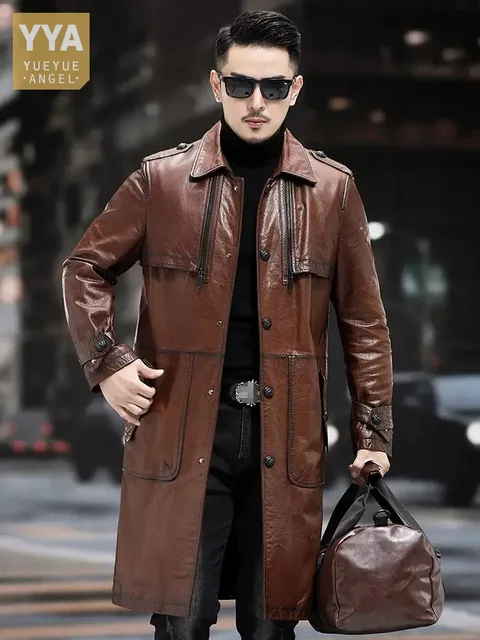 Business Men Work Sheepskin Trench Coat Autumn Windbreaker Slim Fit Long Genuine Leather Jacket Plus Size 5XL Outerwear Overcoat 1