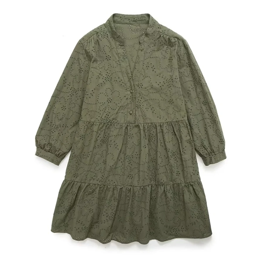 

Jenny&Dave Embroidered Cutout V-Neck Rustic Army Green Casual Loose Mini Shirt Dress Women