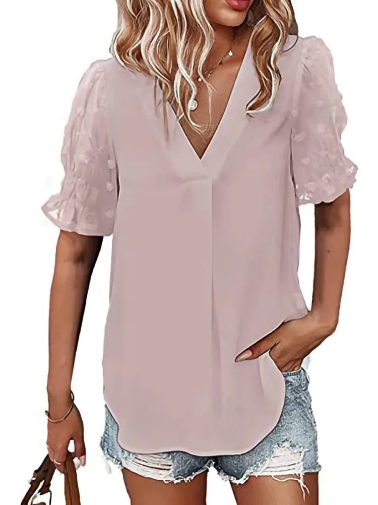 

Summer Solid Chiffon Blouses And Tops Women 2022 Fashion V Neck Short Sleeve Loose Casual Blouse Lady Elegant Office Work Shirt