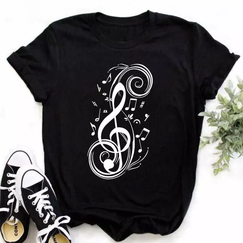 

Maycaur Harajuku Women T Shirt Music Note Printed Tops Women New Black T-shirt Ladies Fashion Graphic Tees Female Tops T-shirts