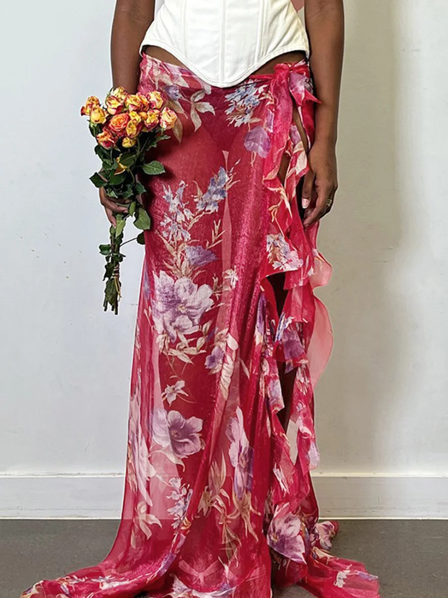 

Women s Bohemian Print with Ruffle Hem and Self-Tie Waist Perfect for Beach Cover-Up or Summer Parties