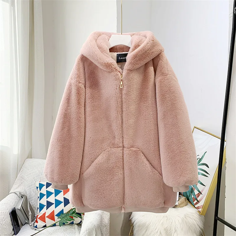 

Faux Fur Coat Women Black Loose Hooded Fur Jackets 2022 Winter New Fashion Casual Pink Thick Long Sleeve Warmth Clothing Abrigos