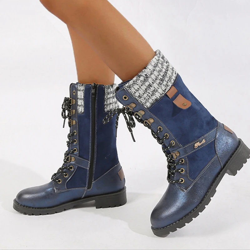 

Осенне-зимние женские сапоги до середины икры 2022 рыцарские сапоги с круглым носком вязаные сапоги на шнуровке на платформе повседневная теплая плюшевая женская обувь