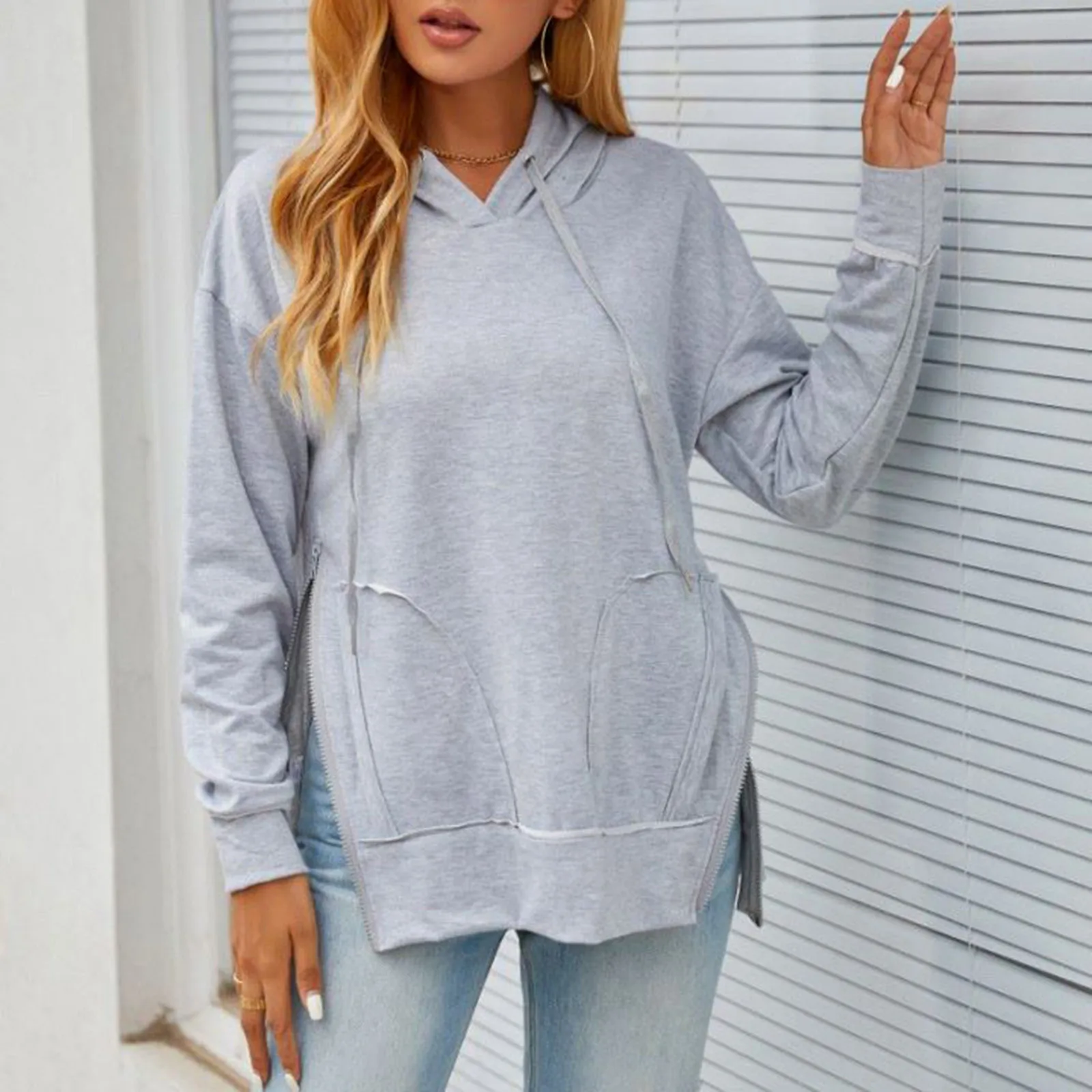 

Толстовка Женская Длинная с капюшоном, однотонная повседневная шерстяная Верхняя одежда свободного покроя на молнии, с капюшоном, на засте...